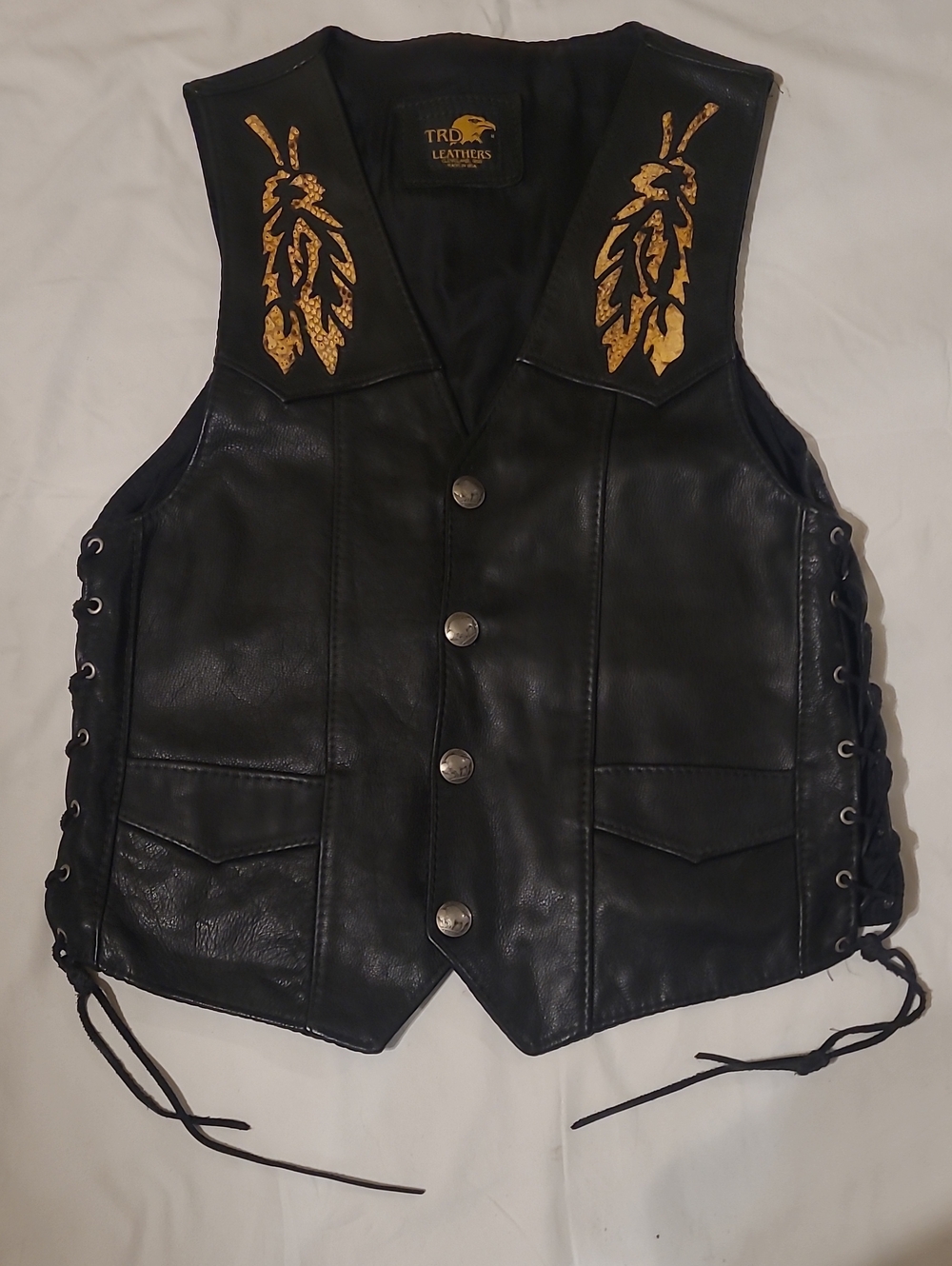 Black Leather Motorcycle Vest With Python Detailing And Lace-Up Sides, Size M